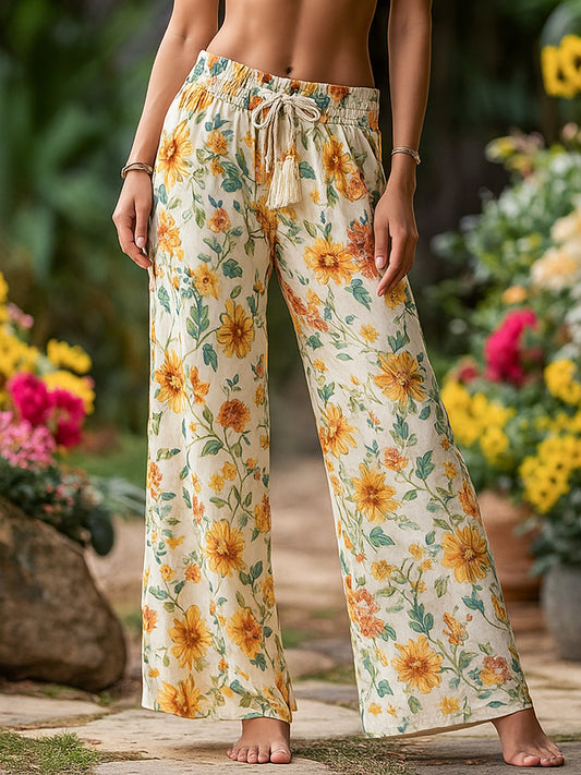 Retro Rural Floral Patchwork Printed Contrast Waist Drawstring Pants