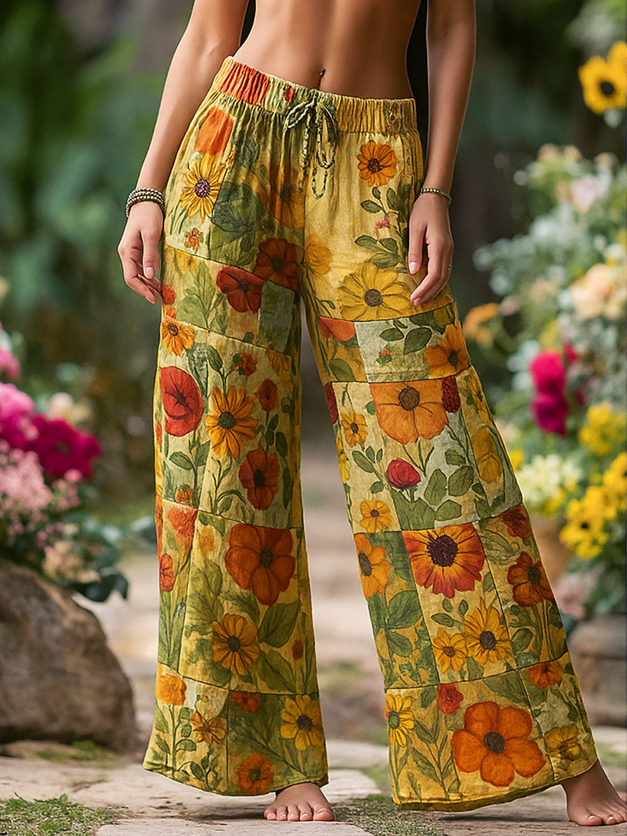 Retro Rural Floral Patchwork Printed Contrast Waist Drawstring Pants
