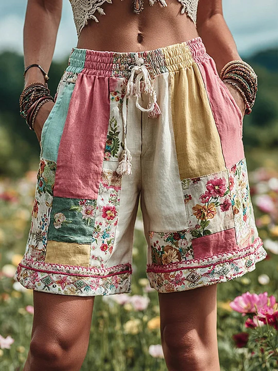 Women's Retro Rural Floral Patchwork Printed Contrast Waist Drawstring Pocket Shorts
