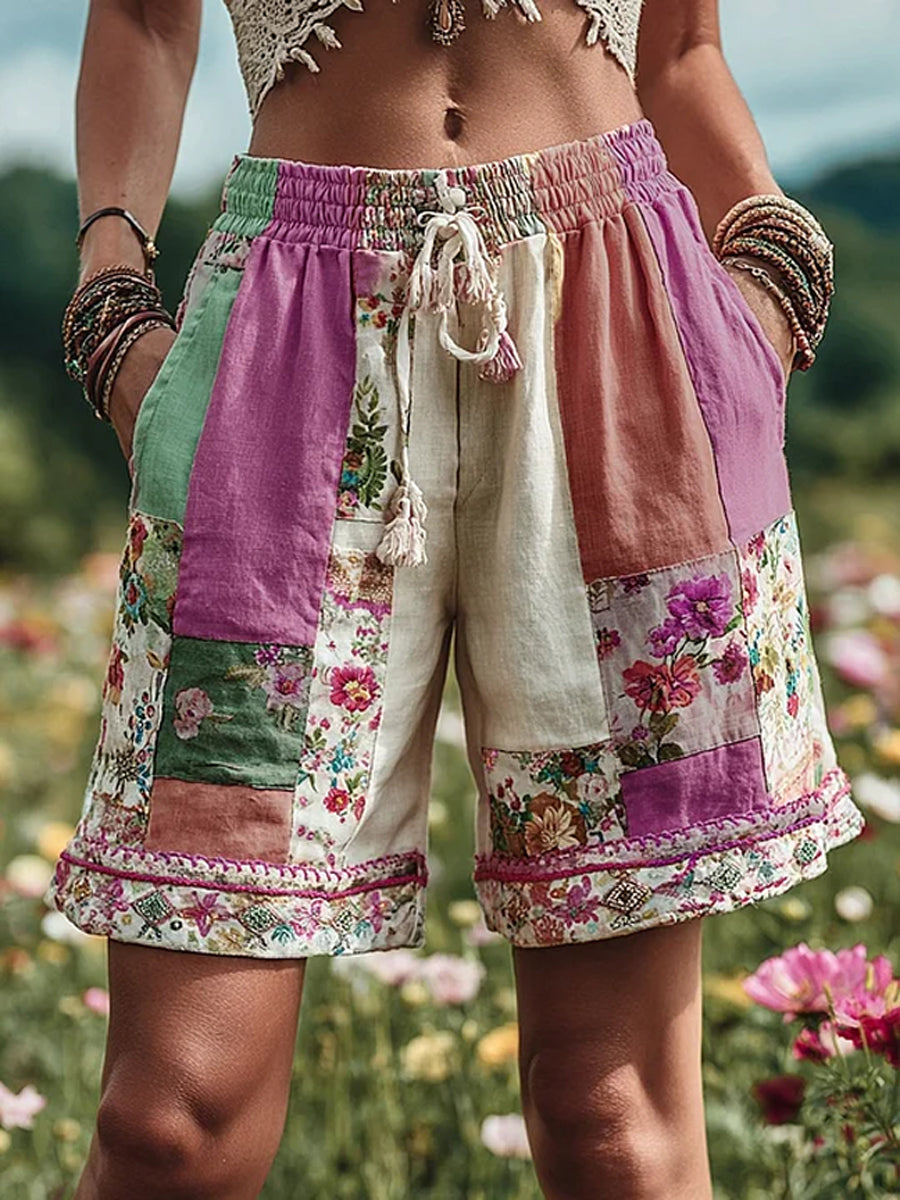 Women's Retro Rural Floral Patchwork Printed Contrast Waist Drawstring Pocket Shorts