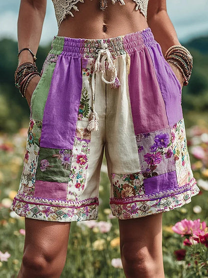 Women's Retro Rural Floral Patchwork Printed Contrast Waist Drawstring Pocket Shorts