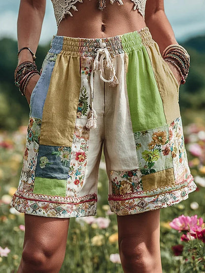 Women's Retro Rural Floral Patchwork Printed Contrast Waist Drawstring Pocket Shorts