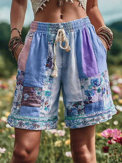 Women's Retro Rural Floral Patchwork Printed Contrast Waist Drawstring Pocket Shorts