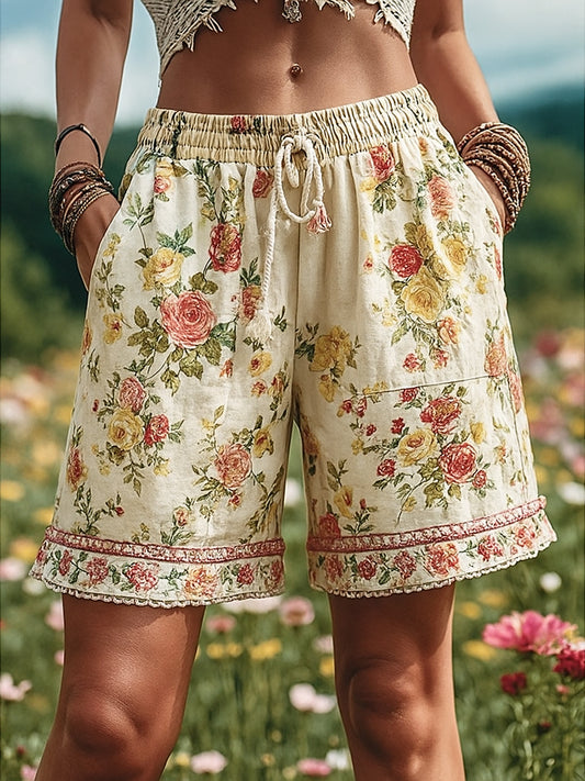 Women's Retro Rural Floral Patchwork Printed Contrast Waist Drawstring Pocket Shorts