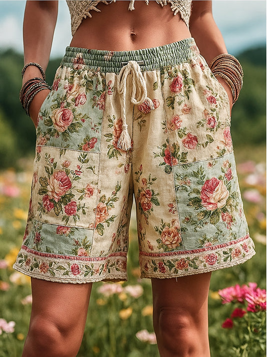 Women's Retro Rural Floral Patchwork Printed Contrast Waist Drawstring Pocket Shorts