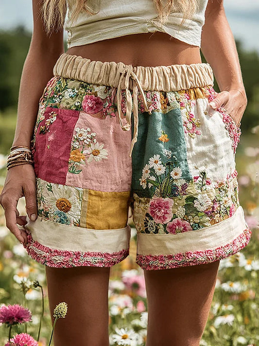 Women's Retro Rural Floral Patchwork Printed Contrast Waist Drawstring Pocket Shorts