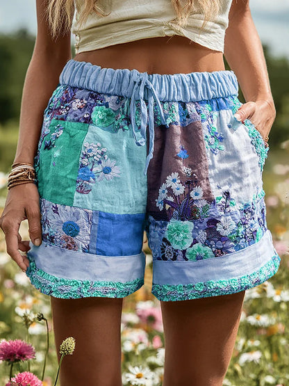 Women's Retro Rural Floral Patchwork Printed Contrast Waist Drawstring Pocket Shorts