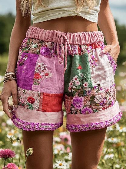 Women's Retro Rural Floral Patchwork Printed Contrast Waist Drawstring Pocket Shorts