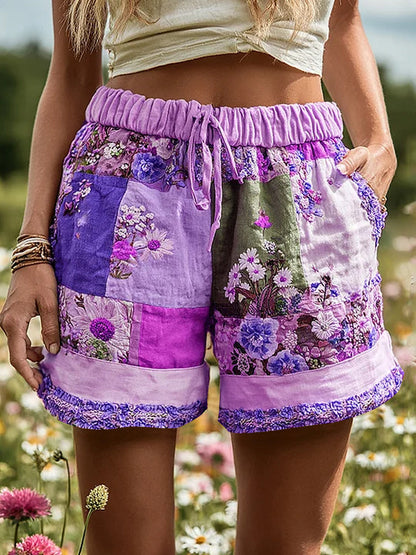 Women's Retro Rural Floral Patchwork Printed Contrast Waist Drawstring Pocket Shorts