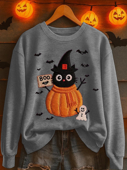 Women's Black Cat Pumpkin Print Casual Sweatshirt