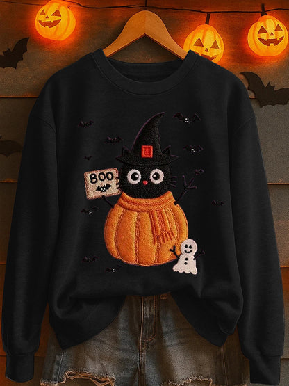 Women's Black Cat Pumpkin Print Casual Sweatshirt