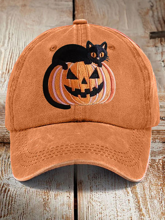 Unisex Fall Halloween Black Cat Pumpkin Print Hat