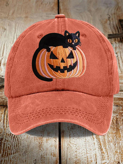 Unisex Fall Halloween Black Cat Pumpkin Print Hat