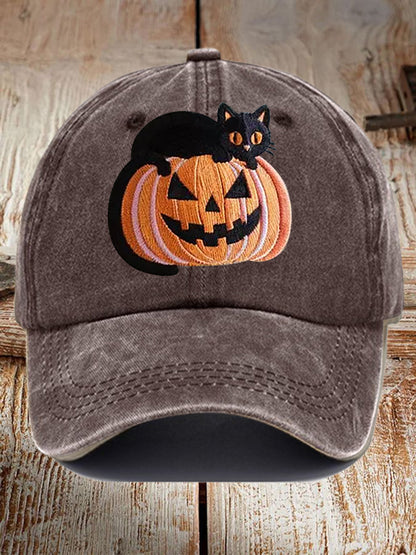 Unisex Fall Halloween Black Cat Pumpkin Print Hat