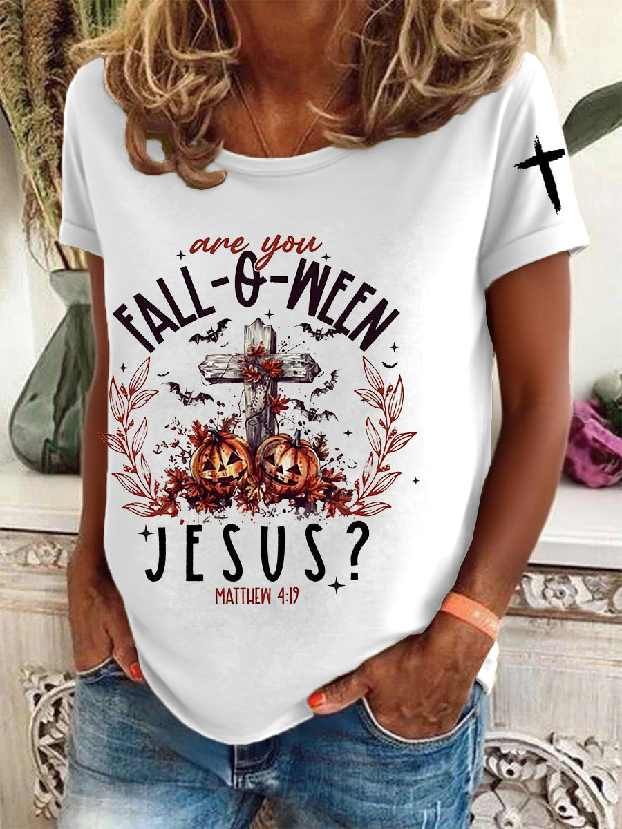 Women's  Funny Christian Halloween  Are You Fall-o-ween Jesus  Short Sleeve T-Shirt