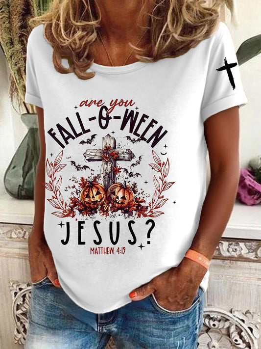 Women's  Funny Christian Halloween  Are You Fall-o-ween Jesus  Short Sleeve T-Shirt