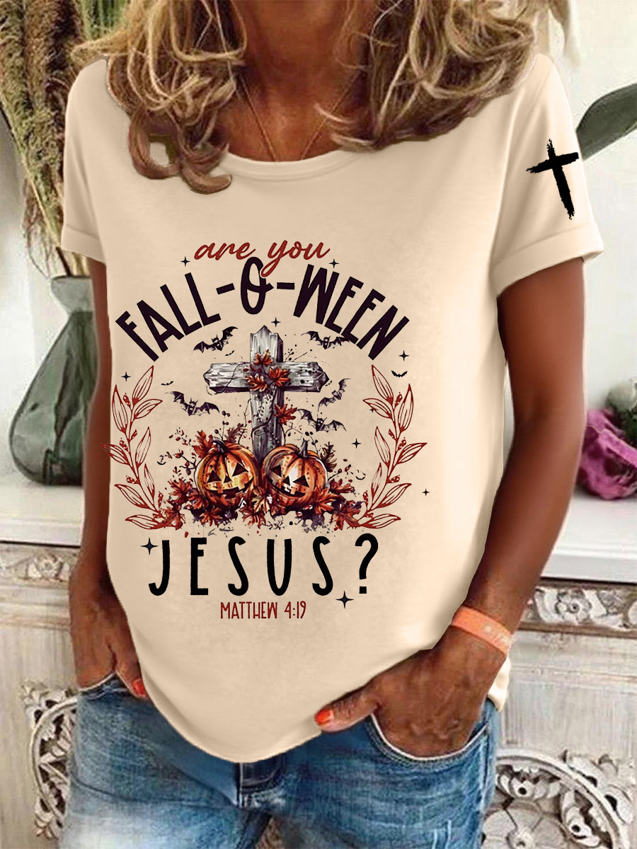 Women's  Funny Christian Halloween  Are You Fall-o-ween Jesus  Short Sleeve T-Shirt