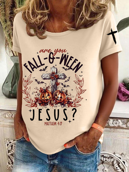 Women's  Funny Christian Halloween  Are You Fall-o-ween Jesus  Short Sleeve T-Shirt