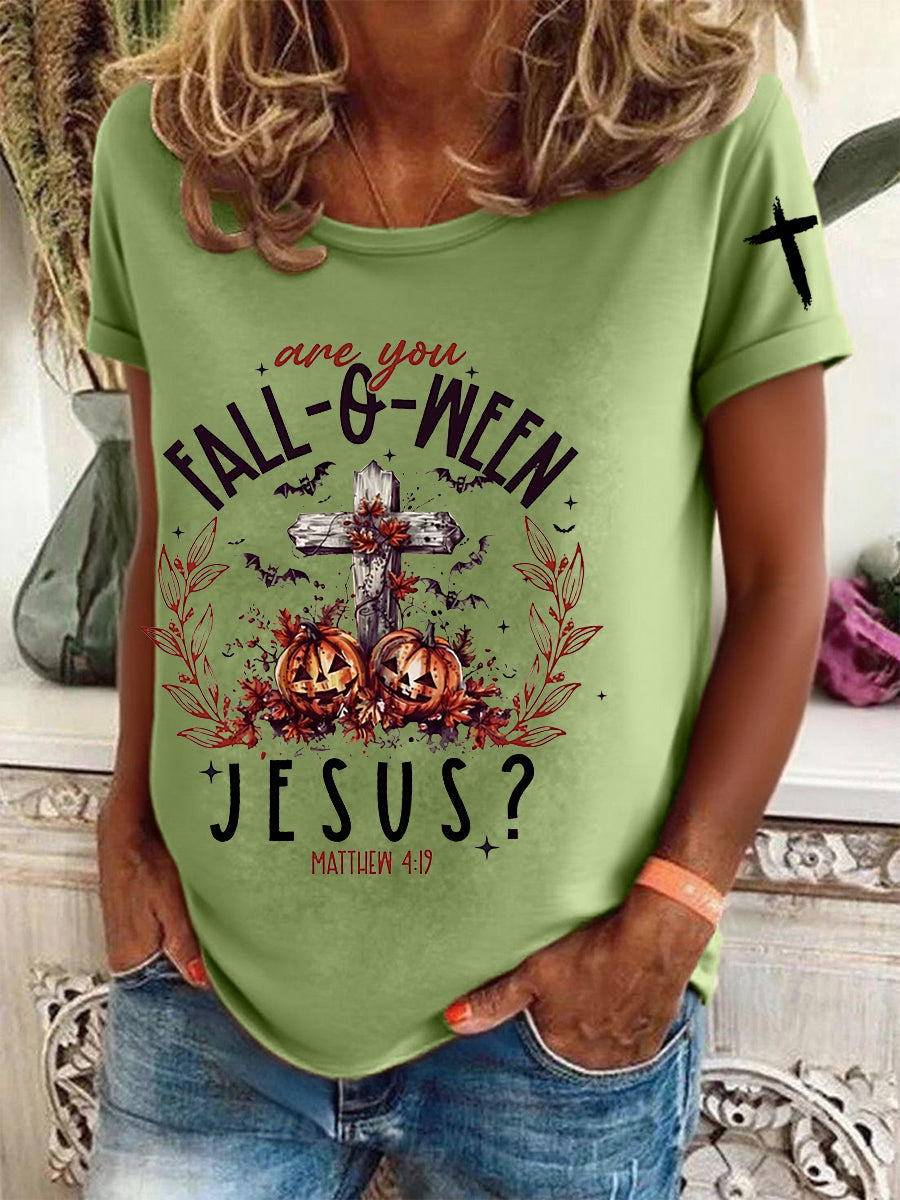 Women's  Funny Christian Halloween  Are You Fall-o-ween Jesus  Short Sleeve T-Shirt