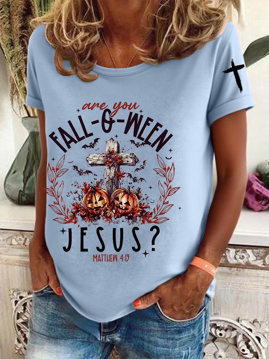 Women's  Funny Christian Halloween  Are You Fall-o-ween Jesus  Short Sleeve T-Shirt