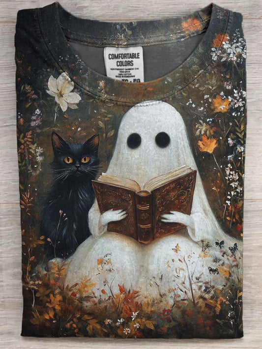 Halloween Spooky Cat Print Casual Short Sleeve T-Shirt