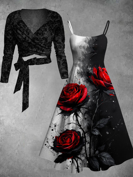 Vintage Floral Art Print Two-Piece Dress