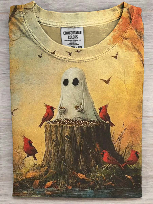 Halloween Spooky Cardinal Bird Print Casual Short Sleeve T-Shirt