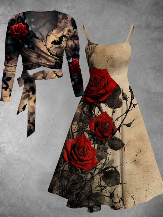 Vintage Floral Art Print Two-Piece Dress