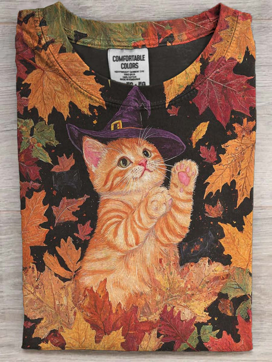 Halloween Cute Witch Cat Print Casual Short Sleeve T-Shirt
