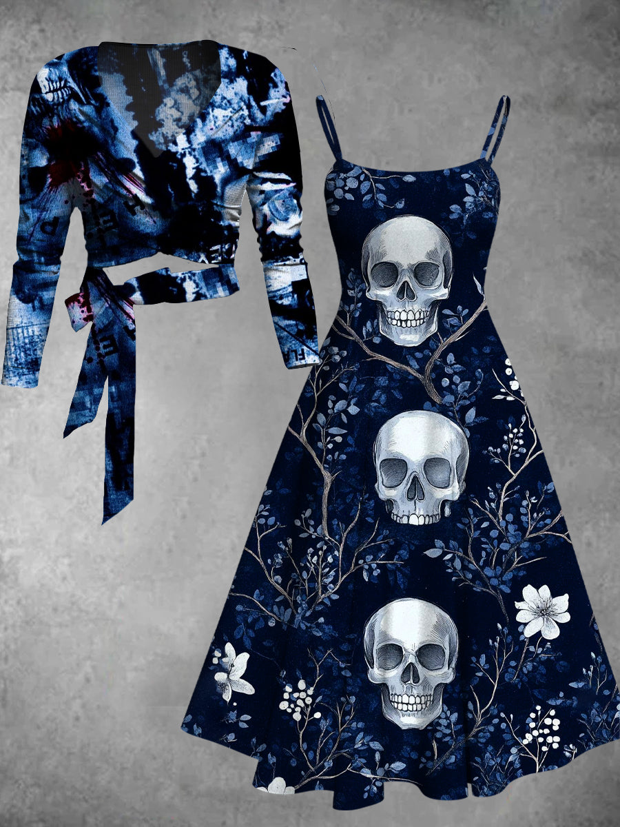 Vintage Skull Floral Art Print Two-Piece Dress