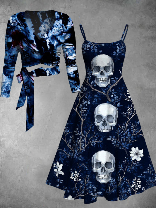 Vintage Skull Floral Art Print Two-Piece Dress