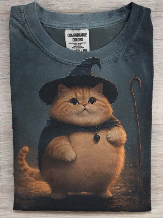 Halloween Cute Witch Cat Print Casual Short Sleeve T-Shirt