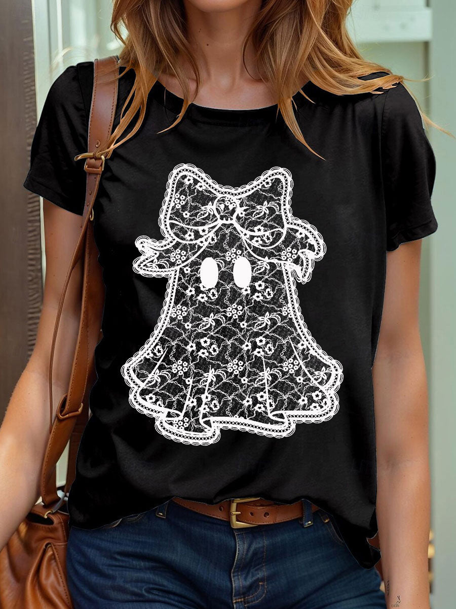 Women's Halloween Lace Ghost  Short Sleeve T-Shirt