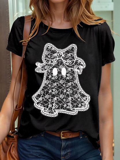 Women's Halloween Lace Ghost  Short Sleeve T-Shirt