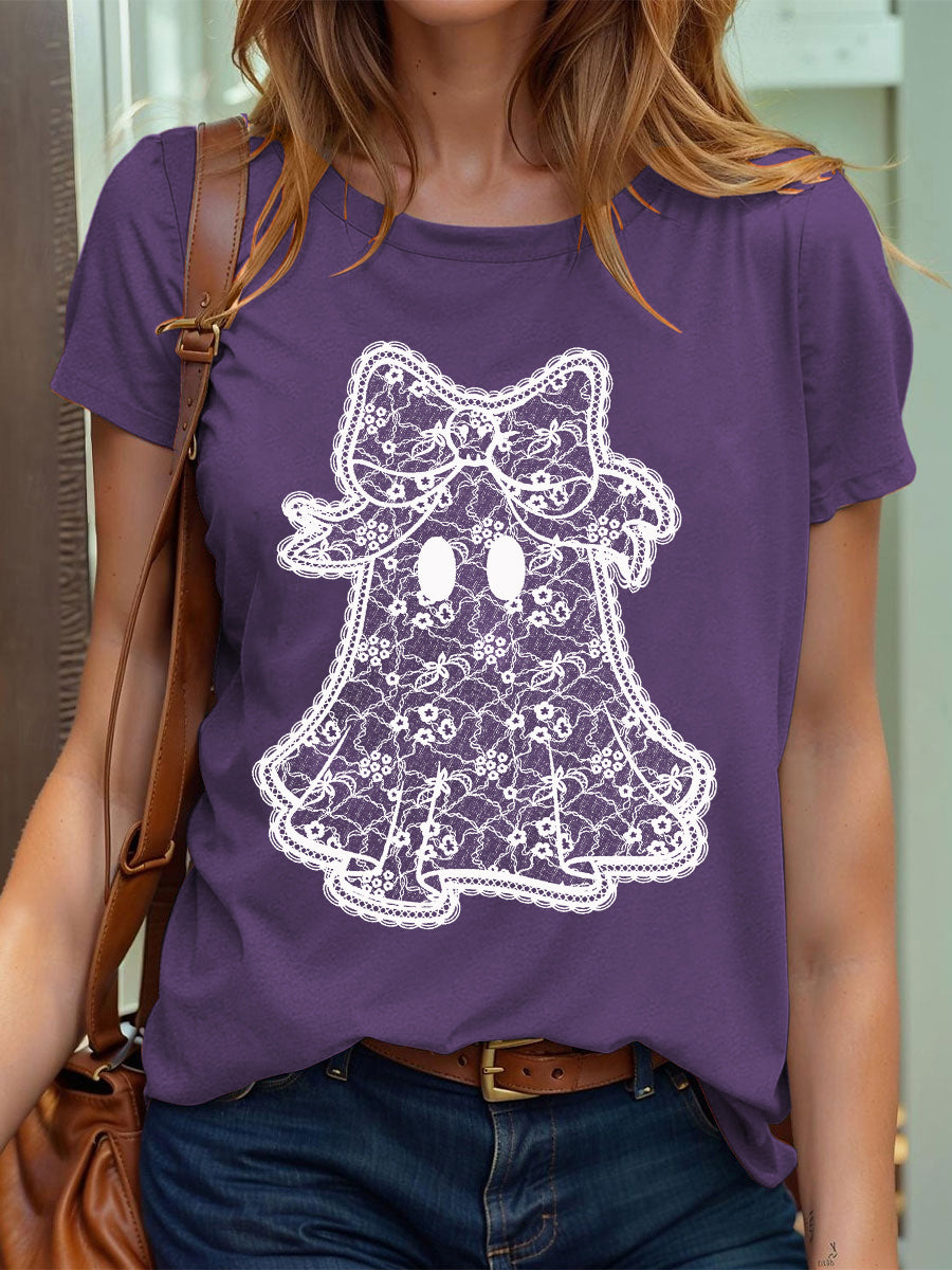 Women's Halloween Lace Ghost  Short Sleeve T-Shirt