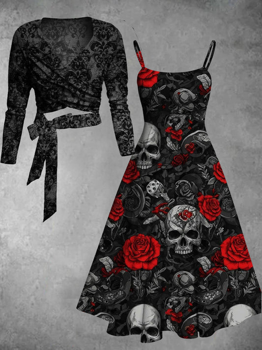 Vintage Skull Floral Art Print Two-Piece Dress