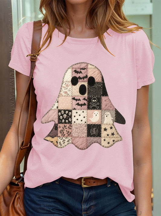 Women's Halloween Pink Halloween Ghost Print T-shirt