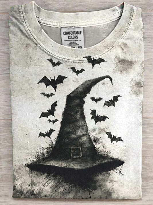 Halloween Bat Witch Hat Printed Casual Short Sleeve T-Shirt