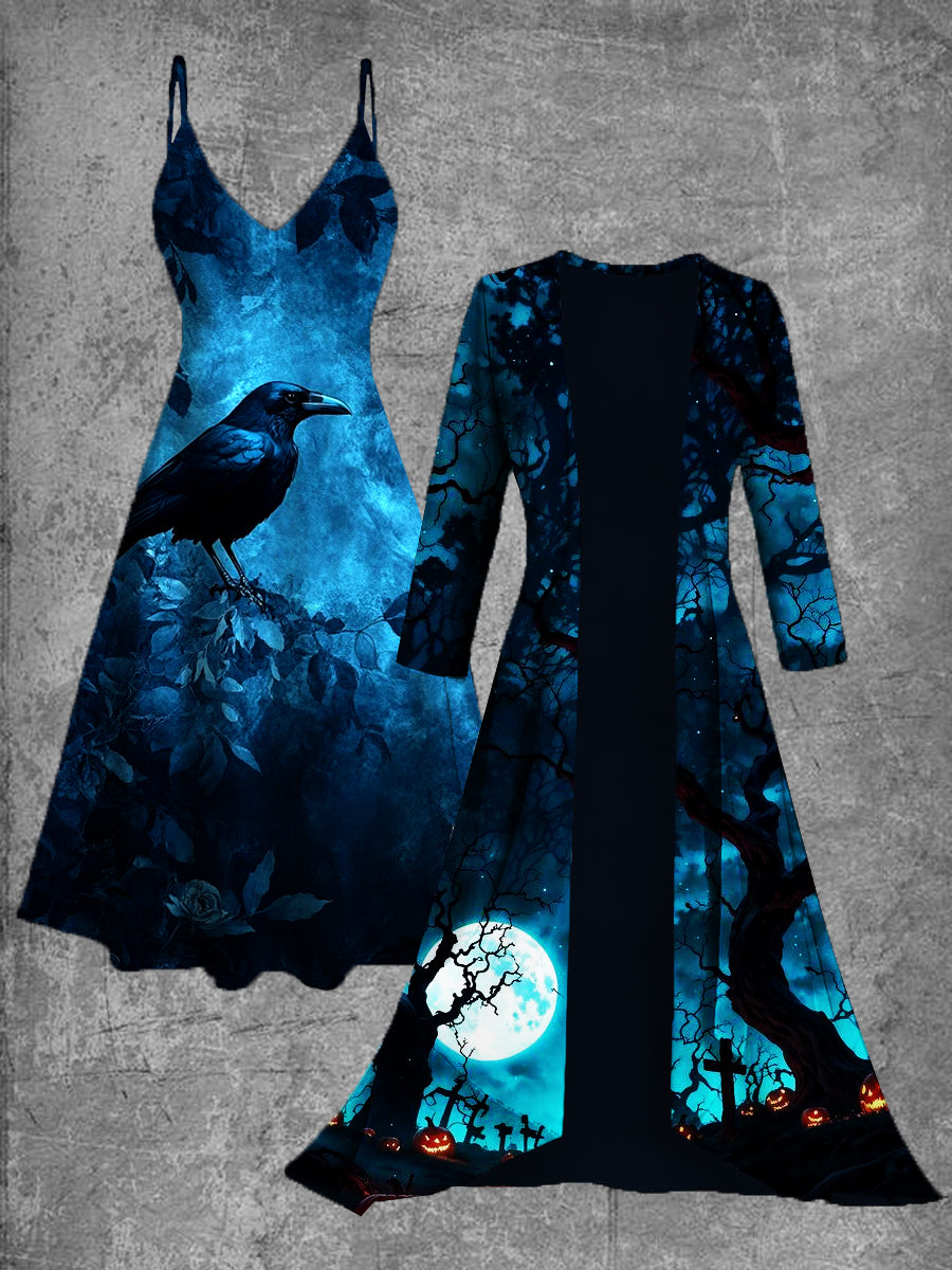 Vintage Crow Art Print Suspender Dress Two Piece Dress