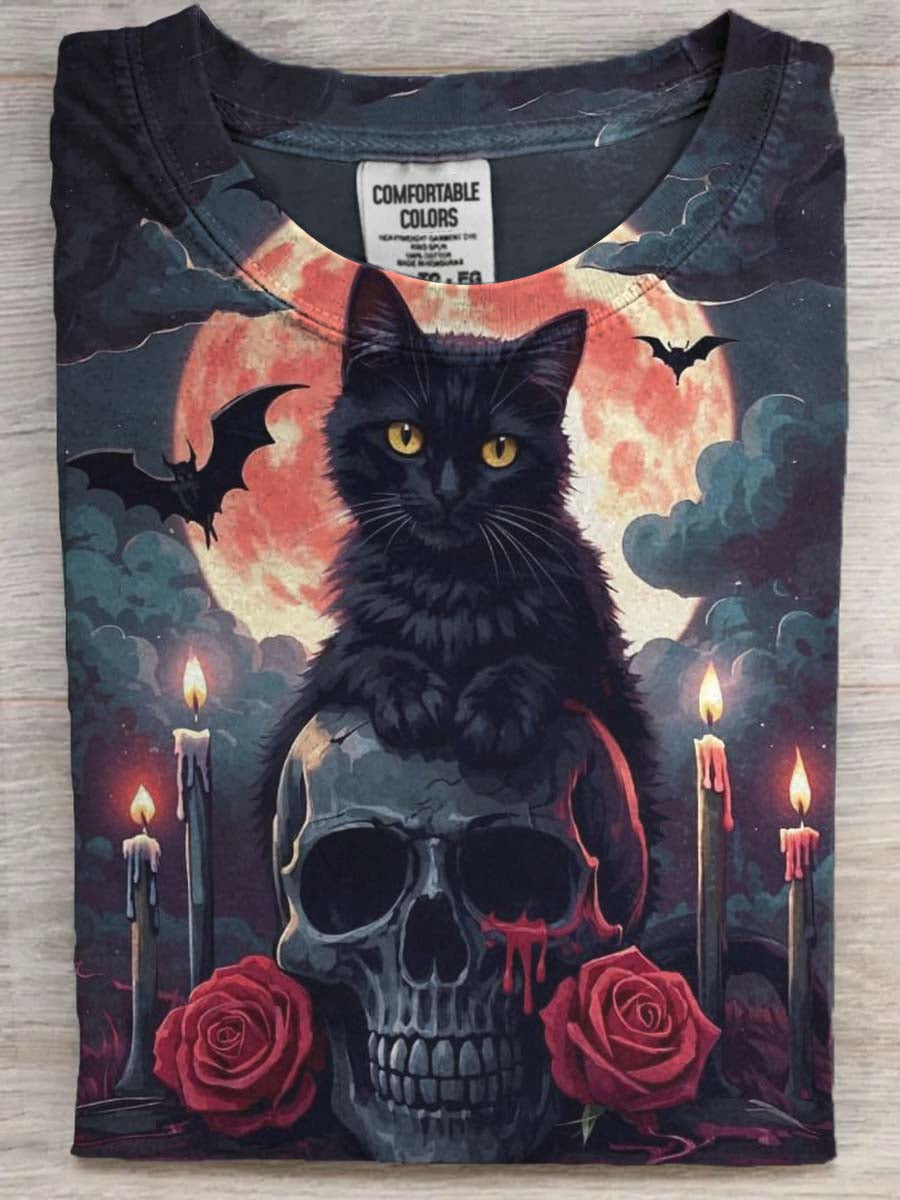 Halloween Skull Cat Print Casual Short Sleeve T-Shirt