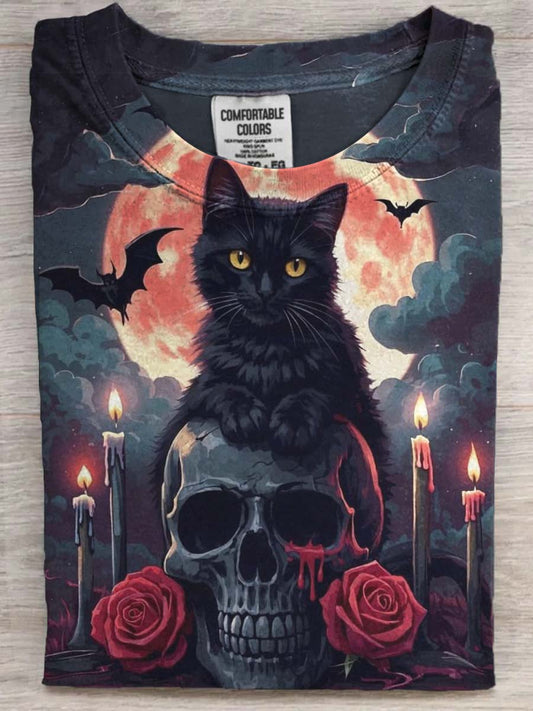 Halloween Skull Cat Print Casual Short Sleeve T-Shirt