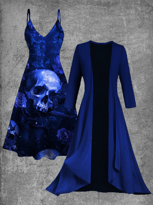 Vintage Skull Print Suspender Dress Two Piece Dress