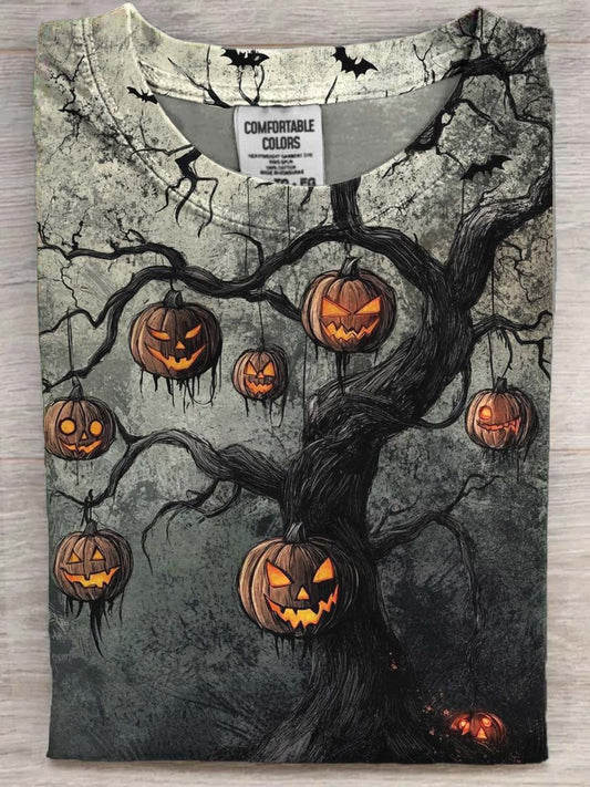 Halloween Evil Pumpkin Tree Print Casual Short Sleeve T-Shirt