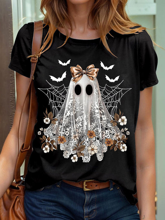 Women's Halloween Cute Lace Ghos Print T-Shirt