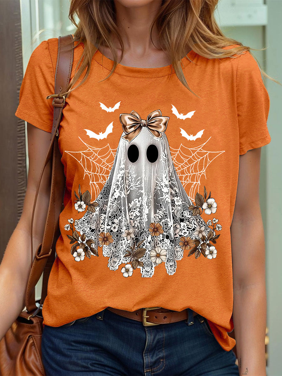 Women's Halloween Cute Lace Ghos Print T-Shirt