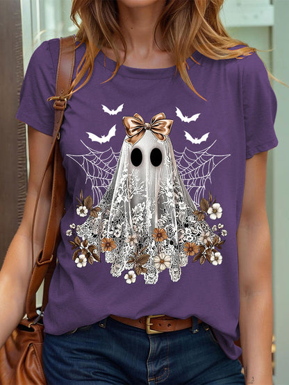 Women's Halloween Cute Lace Ghos Print T-Shirt
