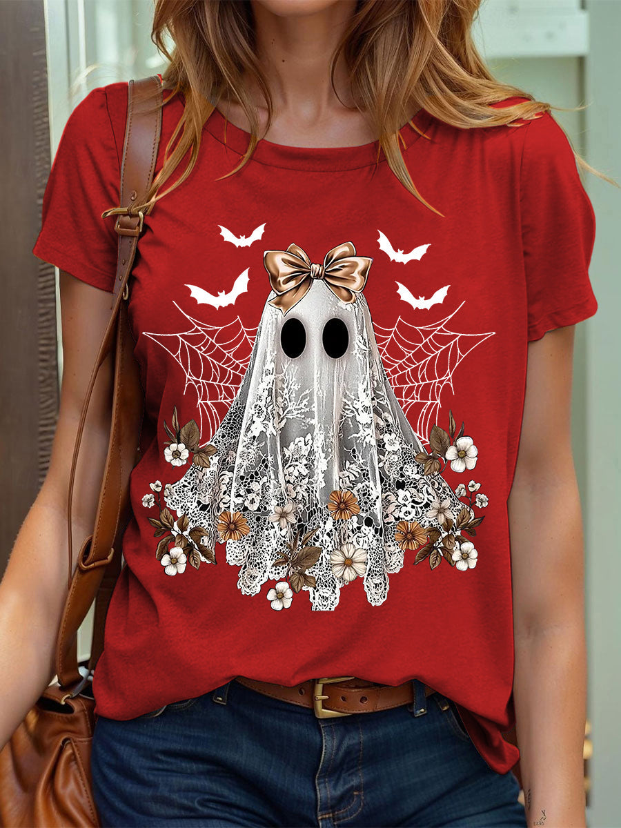 Women's Halloween Cute Lace Ghos Print T-Shirt