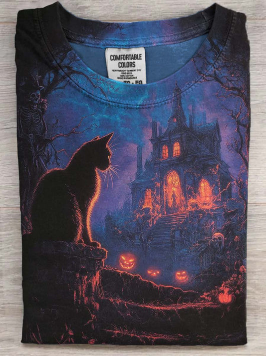 Halloween Cat Castle Print Casual Short Sleeve T-Shirt