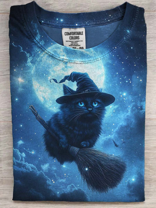 Halloween Wizard Cat Print Casual Short Sleeve T-Shirt