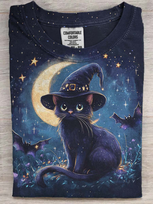 Halloween Wizard Cat Print Casual Short Sleeve T-Shirt